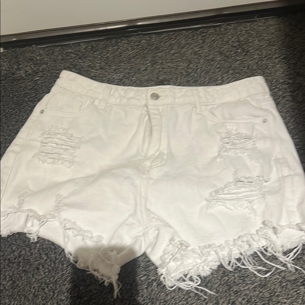 White distressed high waisted jean shorts